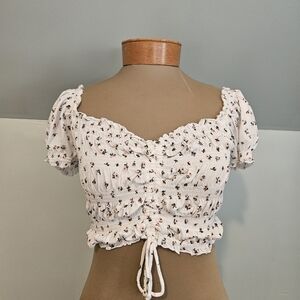 White Floral Ruched Crop Top